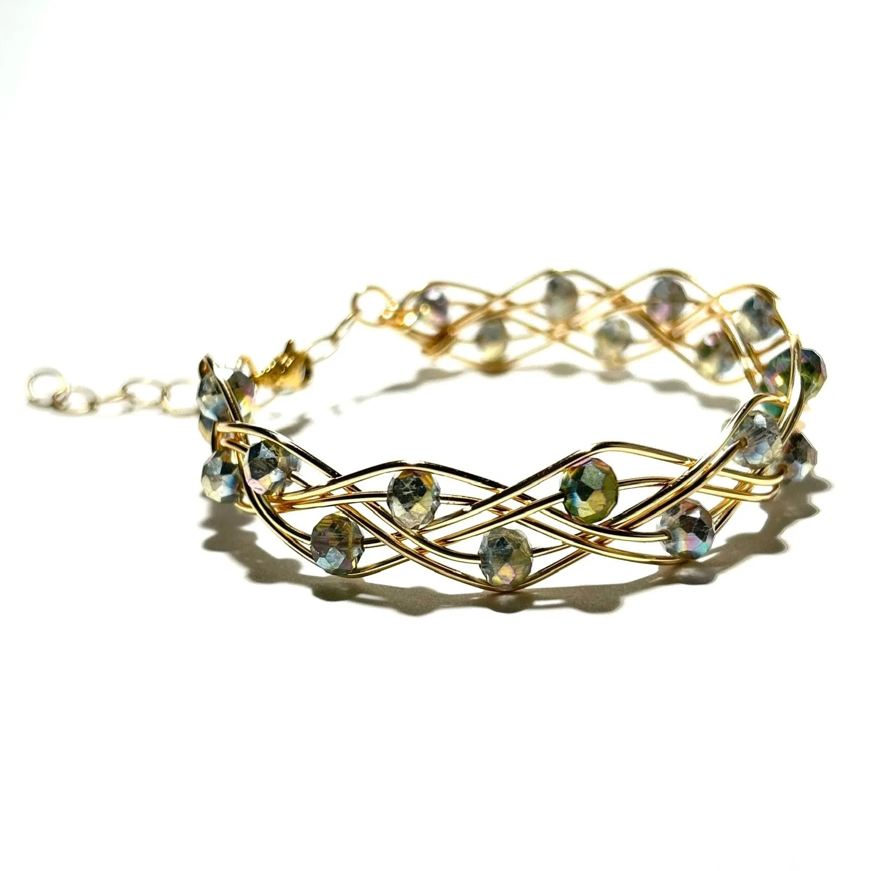 Silver Rainbow Double Braid Wave Rondelle Crystals Bracelet