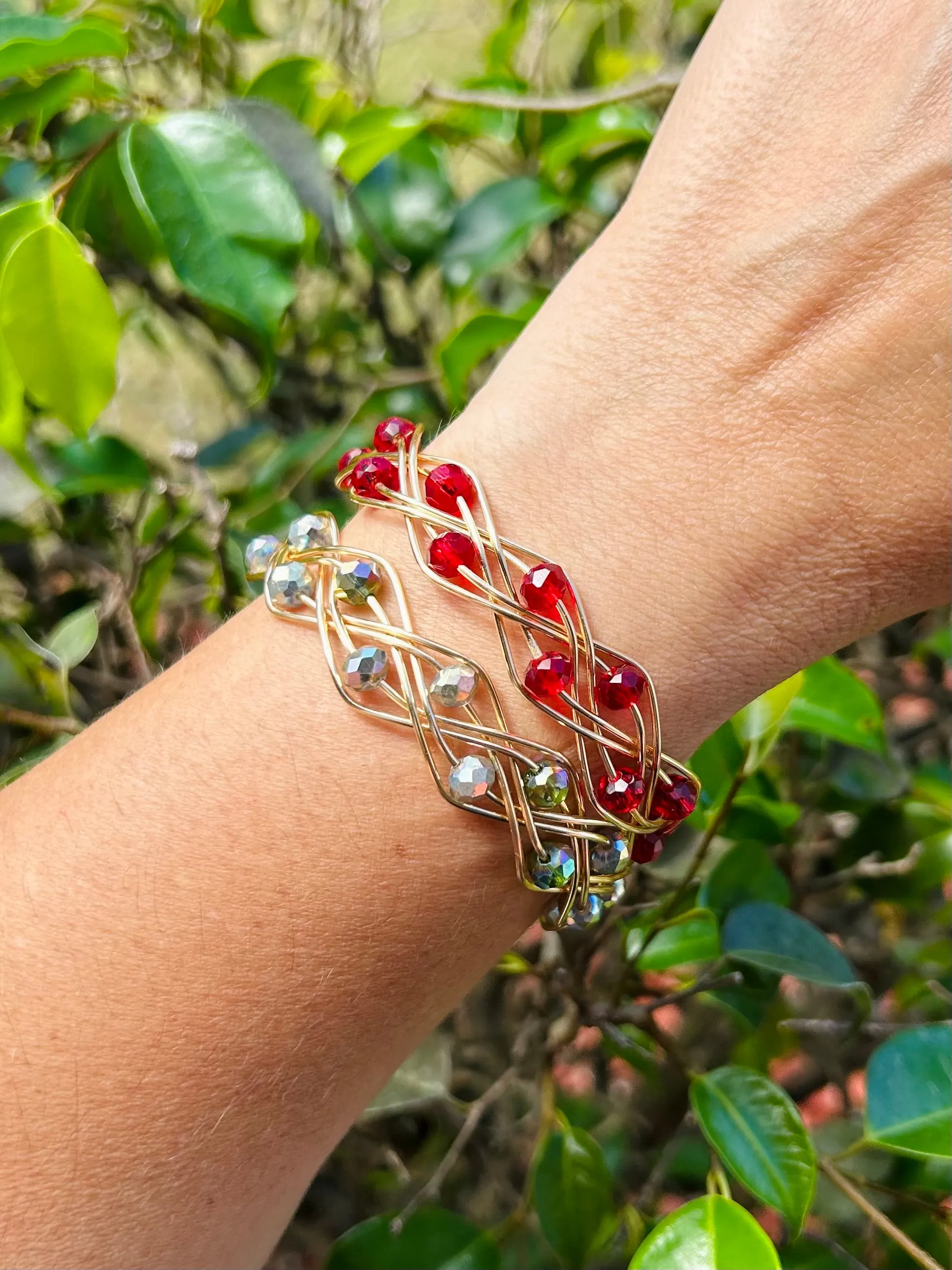 Silver Rainbow Double Braid Wave Rondelle Crystals Bracelet