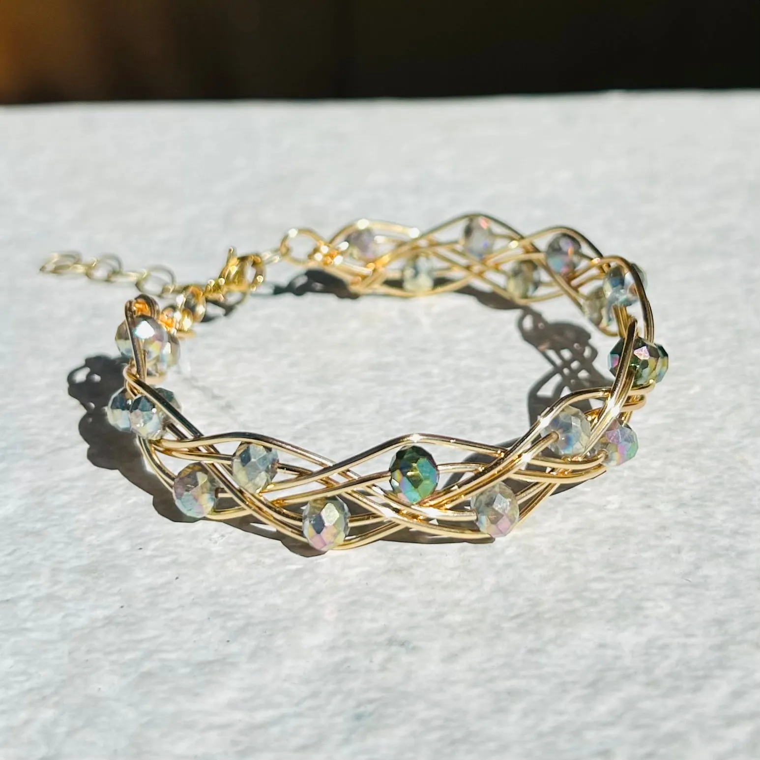 Silver Rainbow Double Braid Wave Rondelle Crystals Bracelet