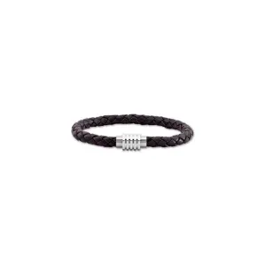 Stainless Steel & Dark Brown Braided Leather 8 1/2" Bracelet with Magnetic Clasp