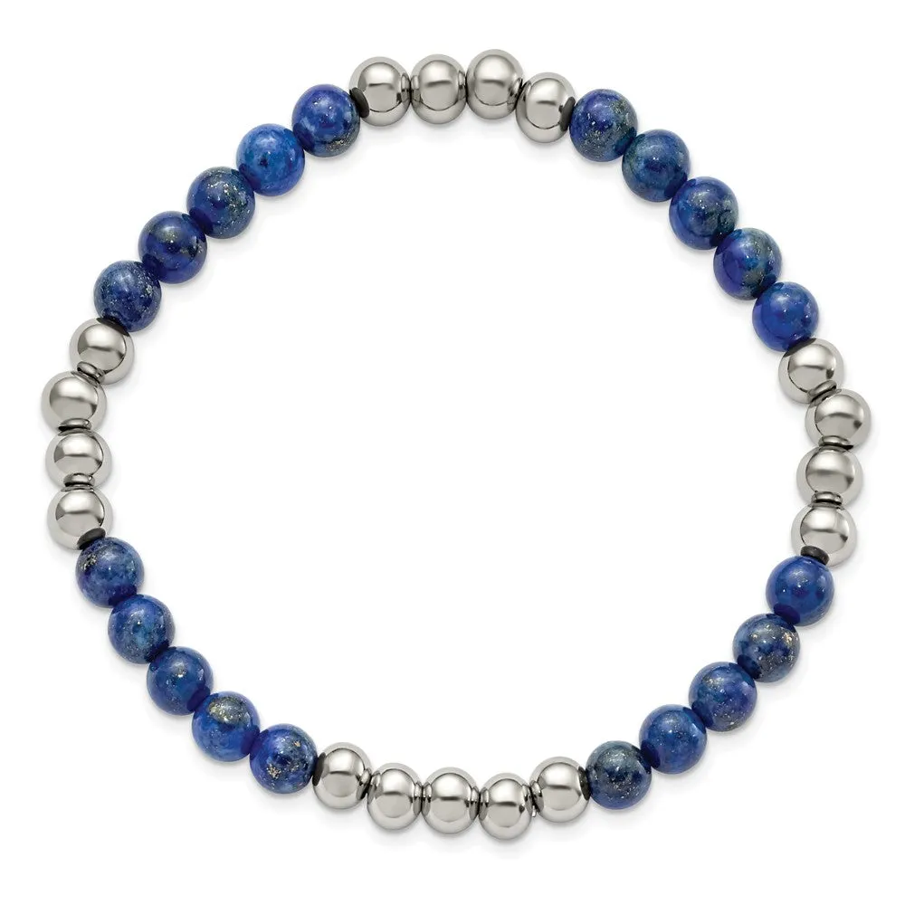 Stainless Steel Polished Lapis Beaded Stretch Bracelet