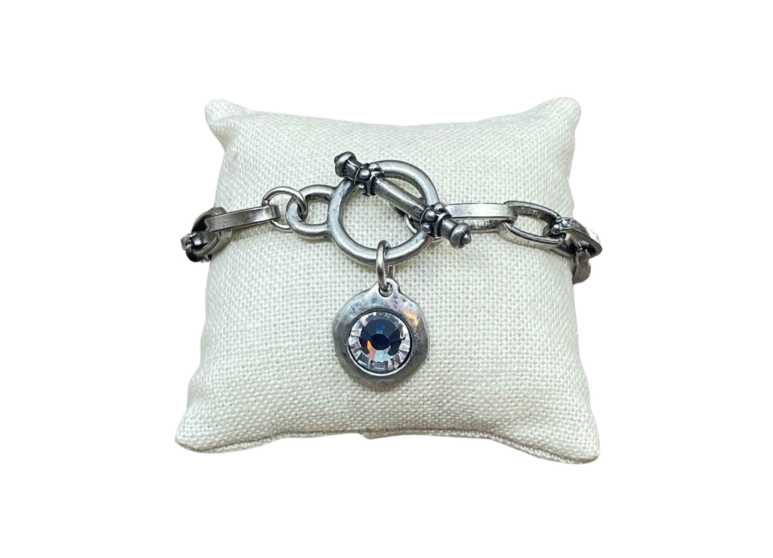 Sterling Plated Chain and Toggle Bracelet with Swarovski Crystal Charm 7.5"