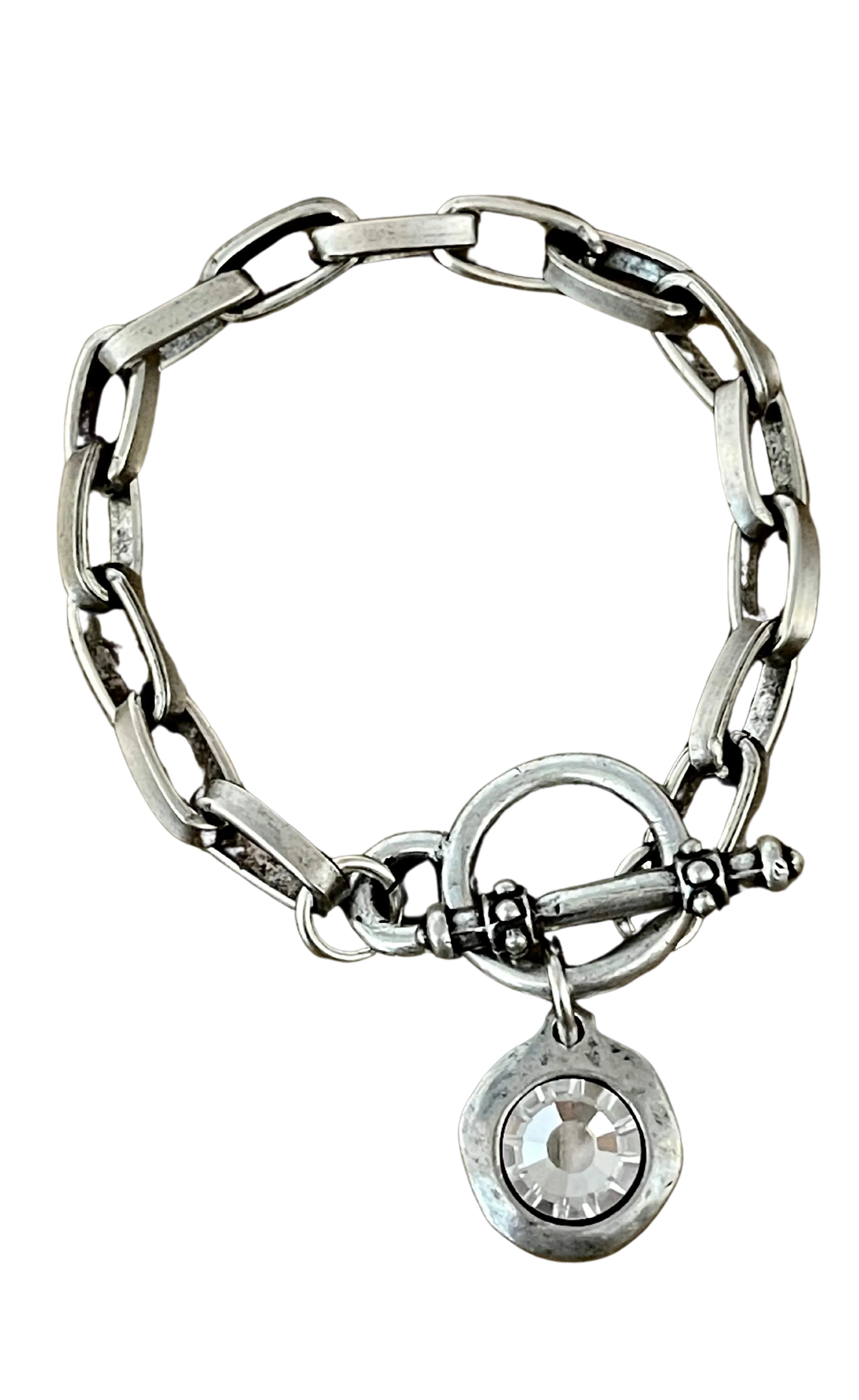 Sterling Plated Chain and Toggle Bracelet with Swarovski Crystal Charm 7.5"