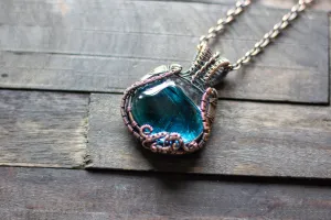 Streaked Blue Transparent Fused Glass Pendant with Copper Wire Wrapping