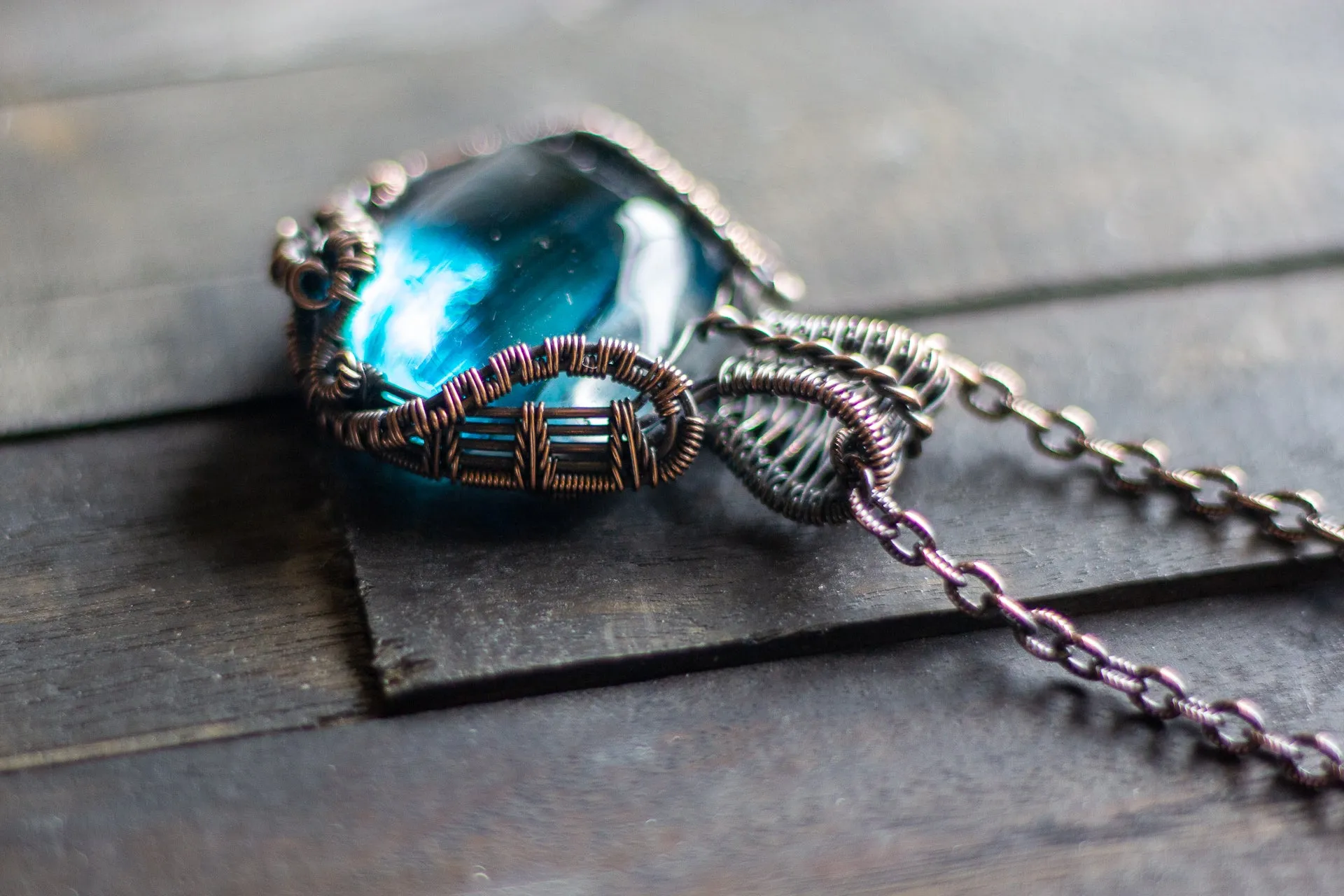 Streaked Blue Transparent Fused Glass Pendant with Copper Wire Wrapping