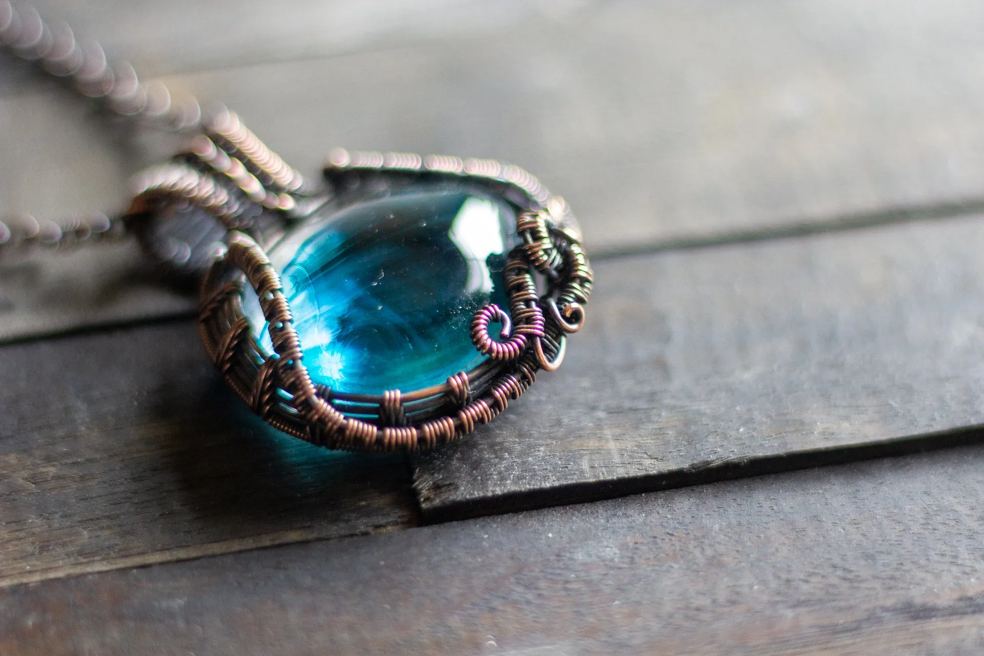 Streaked Blue Transparent Fused Glass Pendant with Copper Wire Wrapping
