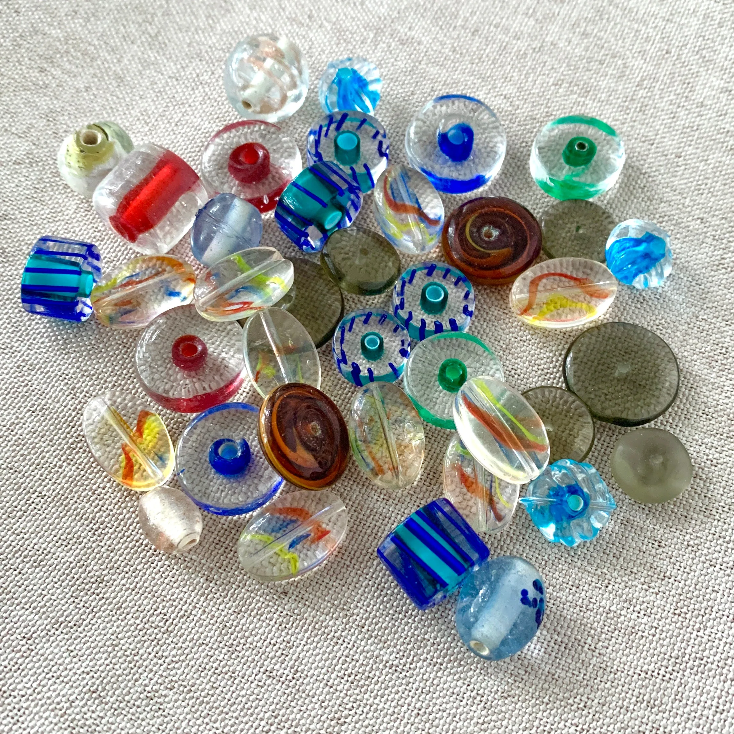 Striped Transparent Glass Beads - Mixed Shapes and Sizes - Package of 38 Beads