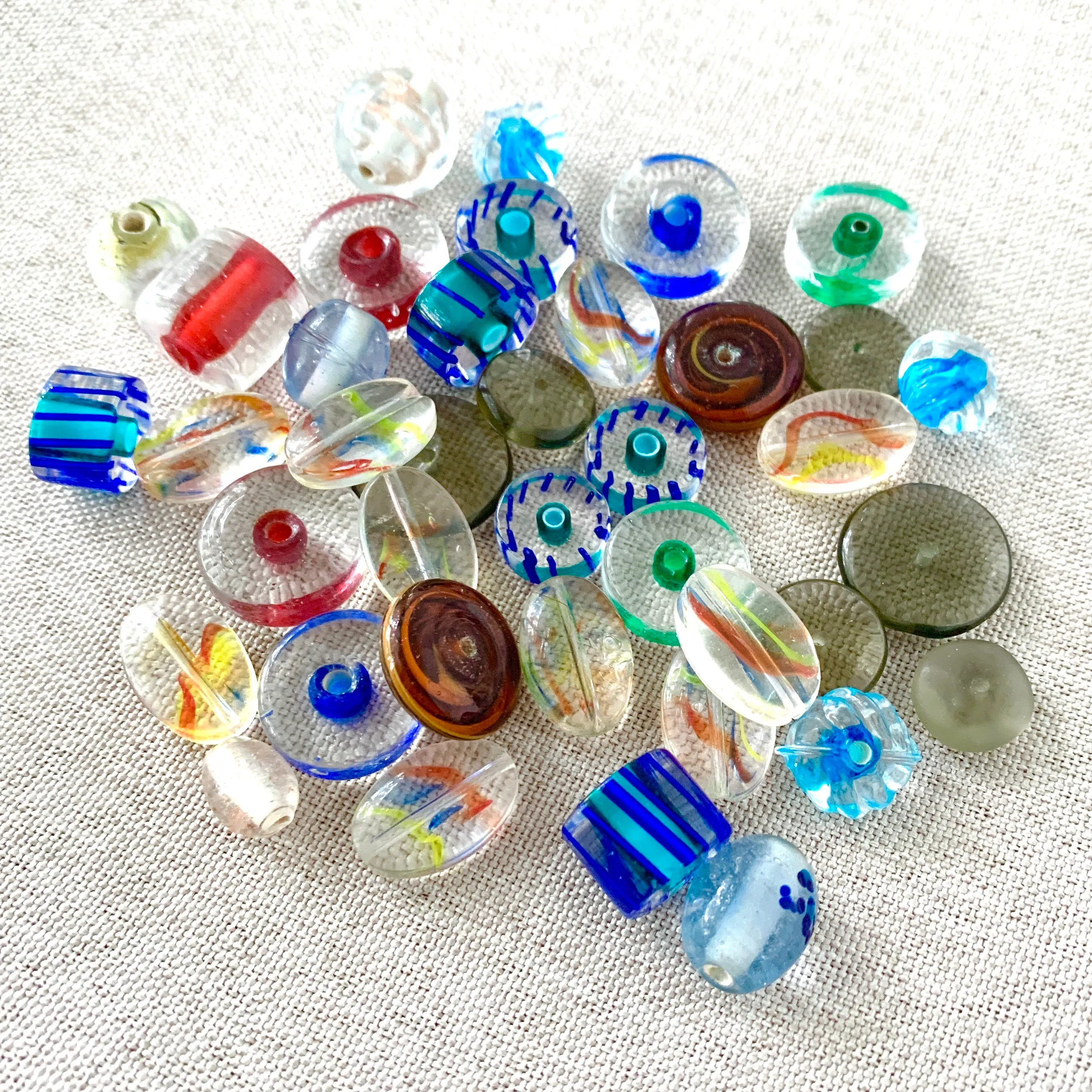 Striped Transparent Glass Beads - Mixed Shapes and Sizes - Package of 38 Beads
