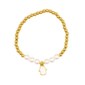 The 4mm Gold and Pearl Hamsa Beaded Bracelet