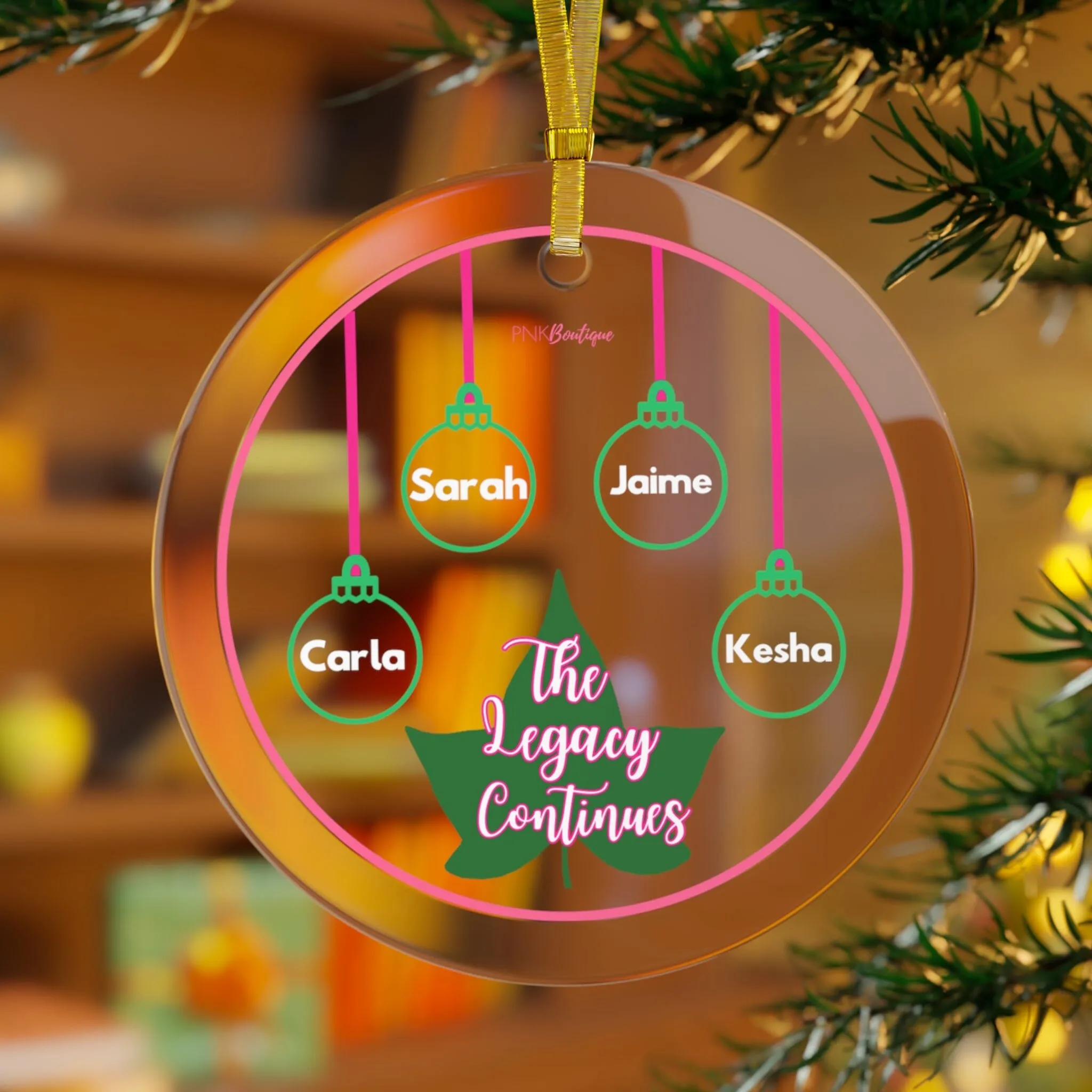 The Legacy Personalized Pink and Green Glass Ornament