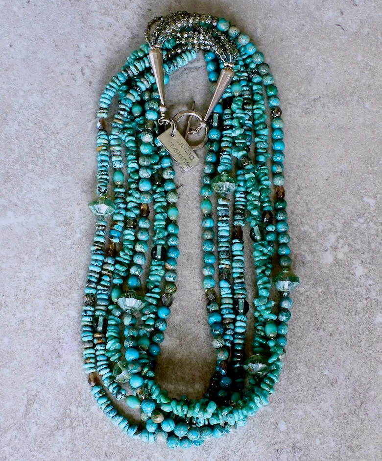 Turquoise and Imperial Jasper 6-Strand Necklace with Czech Glass and Sterling Silver