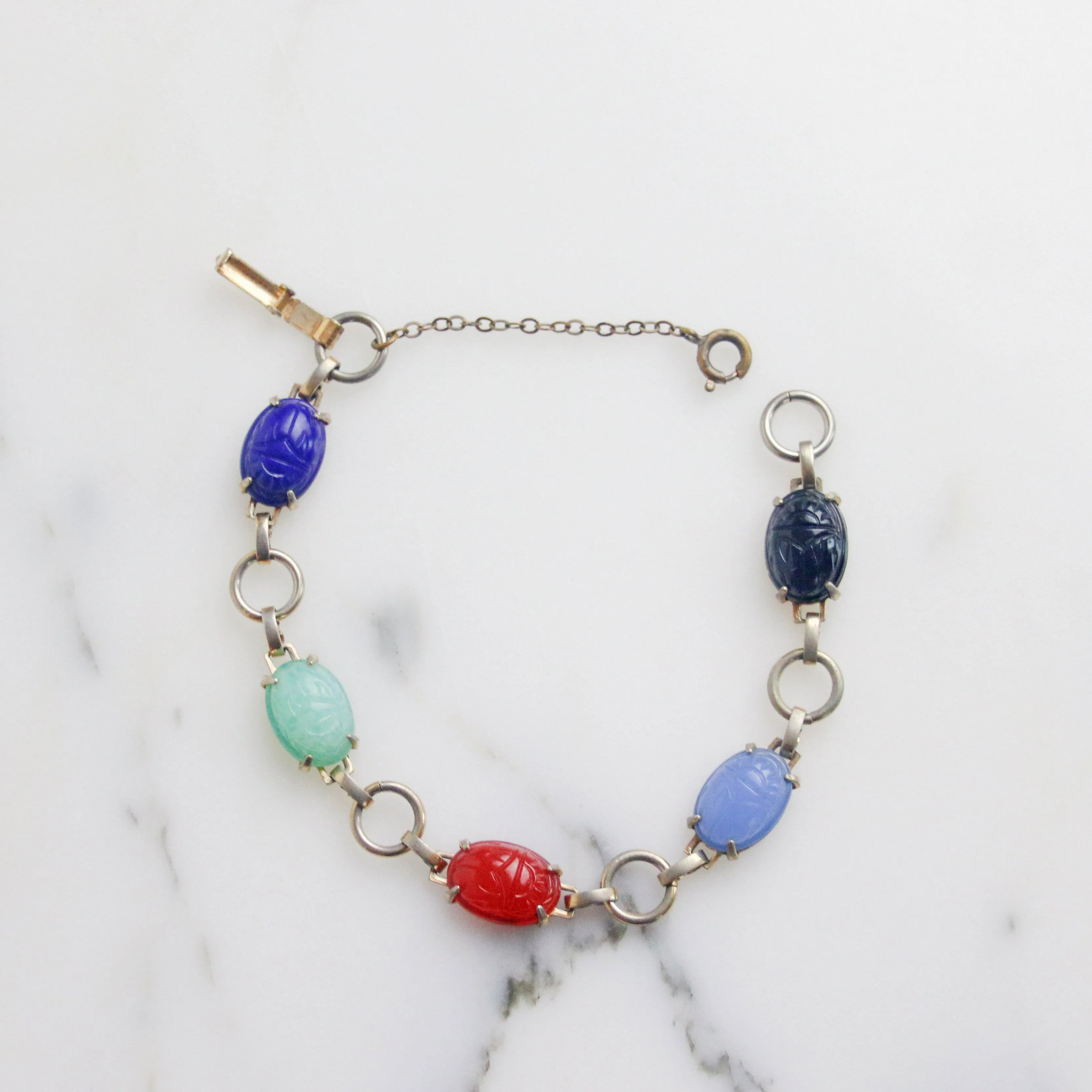 Vintage 1950s Semi-Precious Gemstone Scarab Bracelet