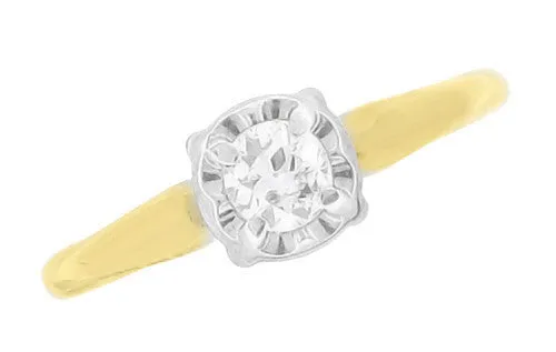 Vintage 1950's Solitaire Old European Cut Diamond Engagement Ring in Two Tone White and Yellow 14K Gold