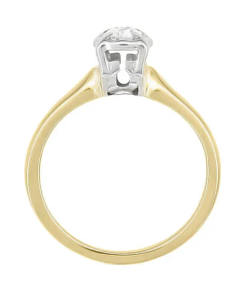 Vintage 1950's Solitaire Old European Cut Diamond Engagement Ring in Two Tone White and Yellow 14K Gold