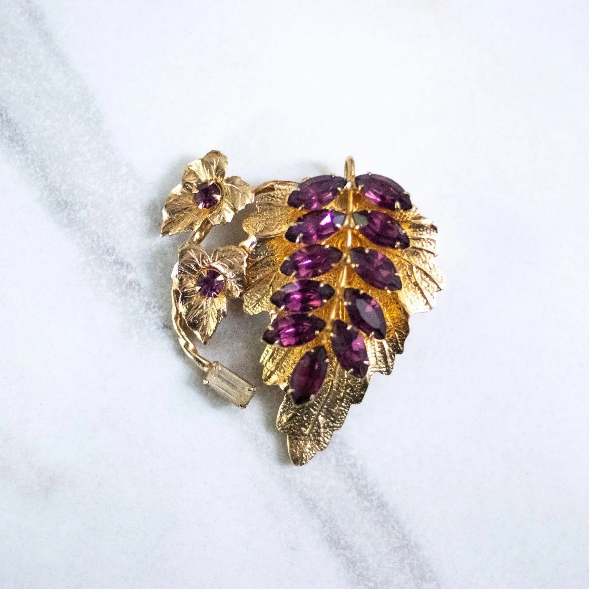 Vintage Amethyst Crystal Leaf Brooch