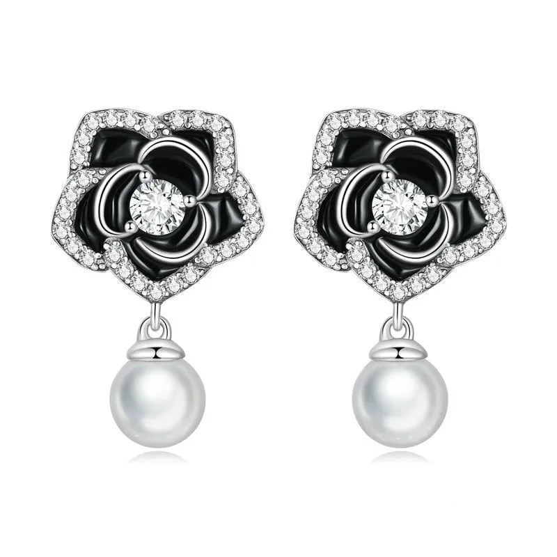 Vintage Black Camellia with Pearl Stud Earrings