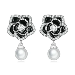 Vintage Black Camellia with Pearl Stud Earrings