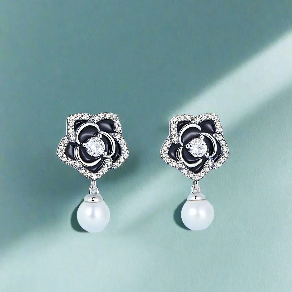 Vintage Black Camellia with Pearl Stud Earrings