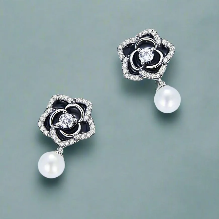 Vintage Black Camellia with Pearl Stud Earrings
