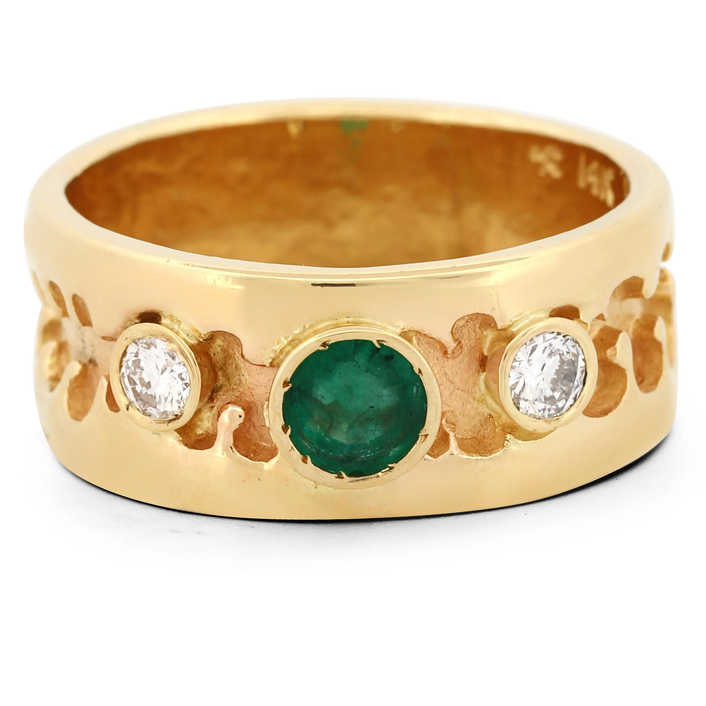 Vivid Green Emerald & Diamond Band Ring in 14k Yellow Gold