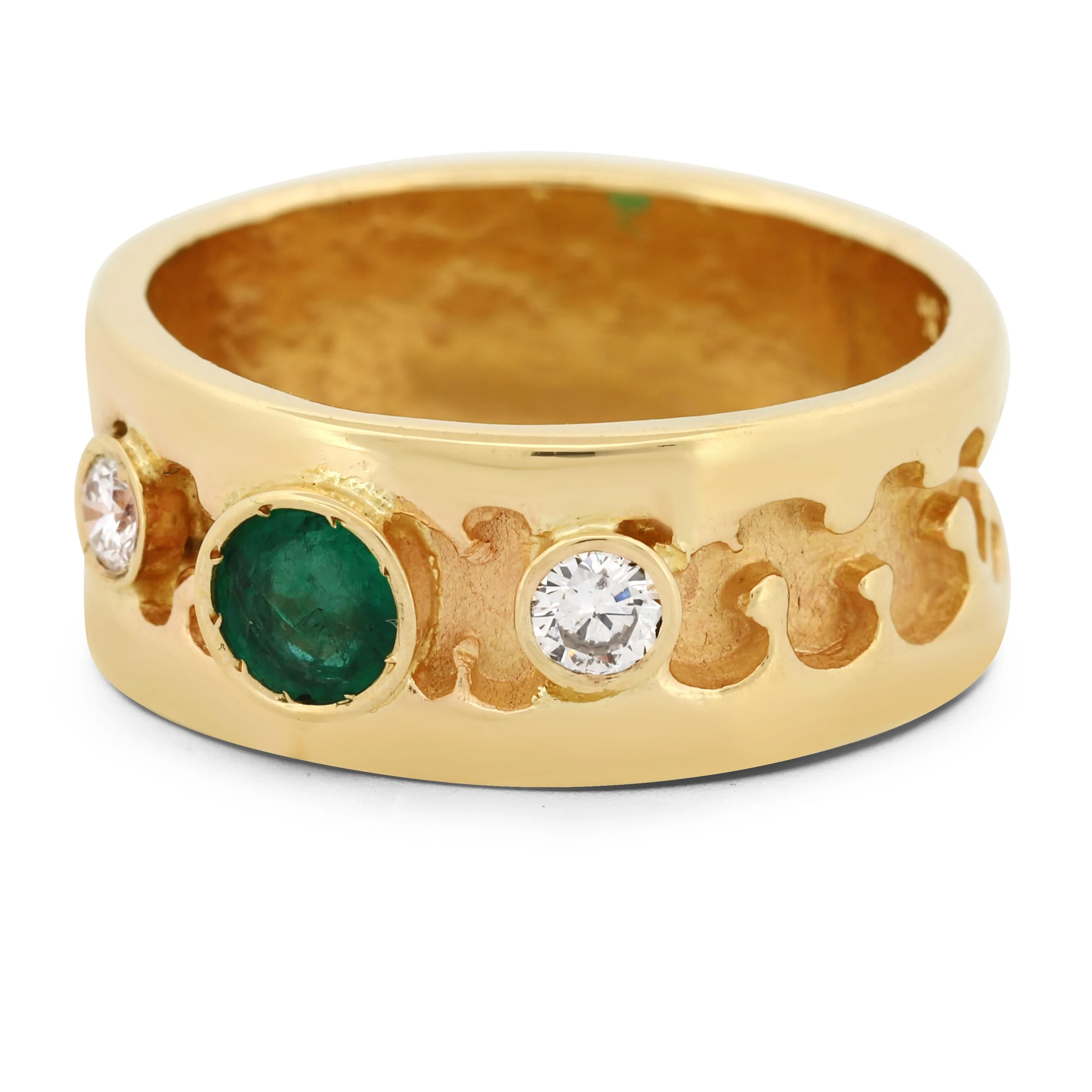 Vivid Green Emerald & Diamond Band Ring in 14k Yellow Gold