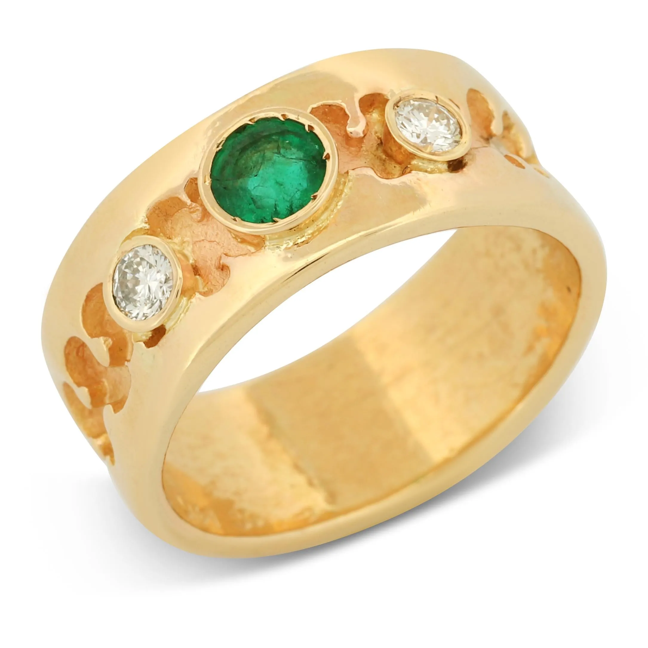 Vivid Green Emerald & Diamond Band Ring in 14k Yellow Gold