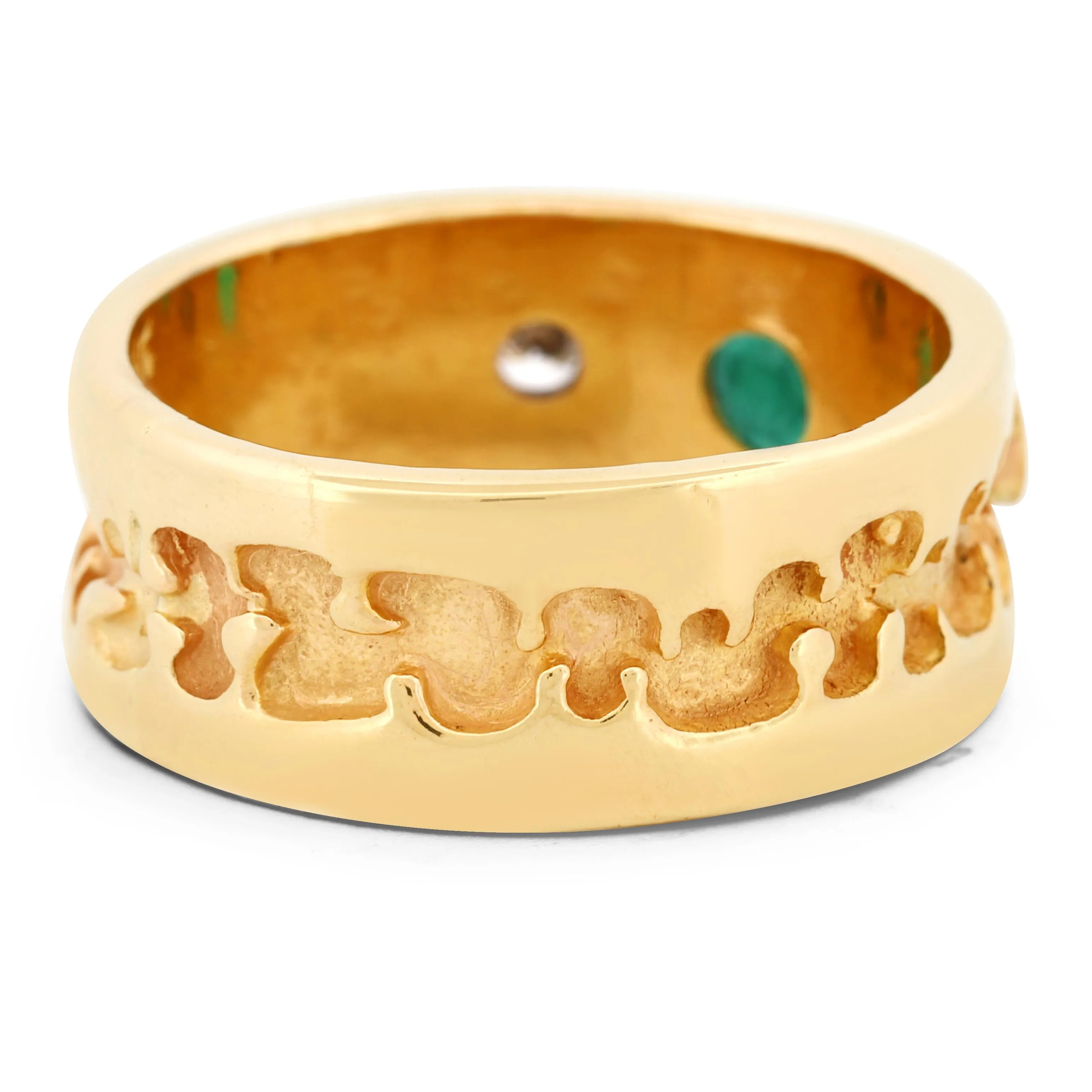Vivid Green Emerald & Diamond Band Ring in 14k Yellow Gold