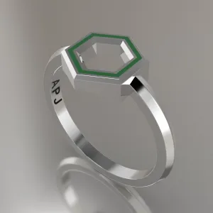 White Gold Geometric Hexagon Ring, Transparent Green Resin Solid 14kt White Gold Petite Design