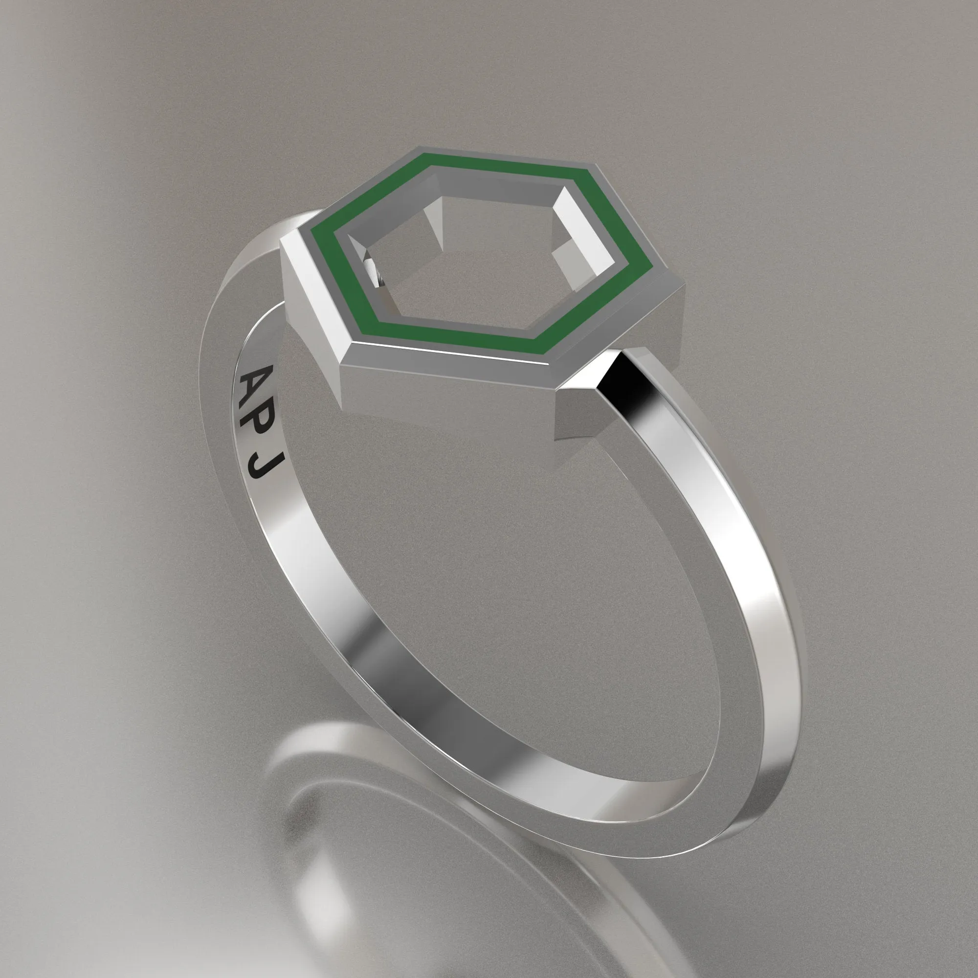 White Gold Geometric Hexagon Ring, Transparent Green Resin Solid 14kt White Gold Petite Design