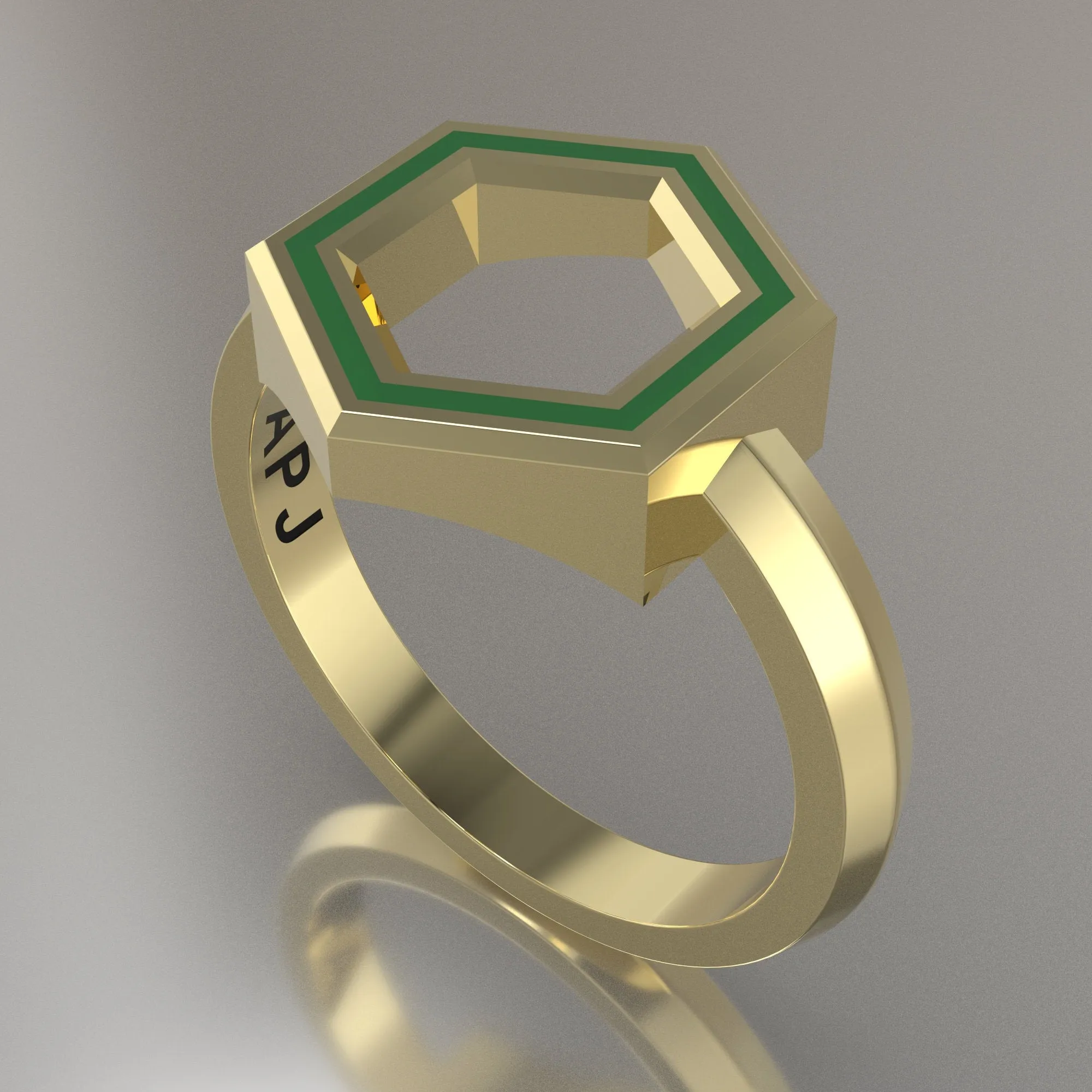 Yellow Gold Geometric Hexagon Ring, Transparent Green Resin Solid 14kt Yellow Gold Standard Design