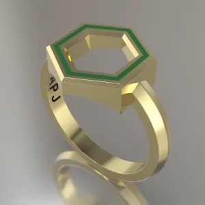 Yellow Gold Geometric Hexagon Ring, Transparent Green Resin Solid 14kt Yellow Gold Standard Design